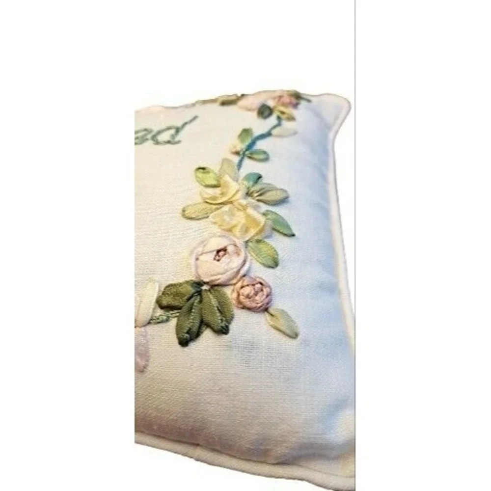 Treasured Friend Ribbon Embroidery Floral Accent Pillow Cream‎ 11x8
